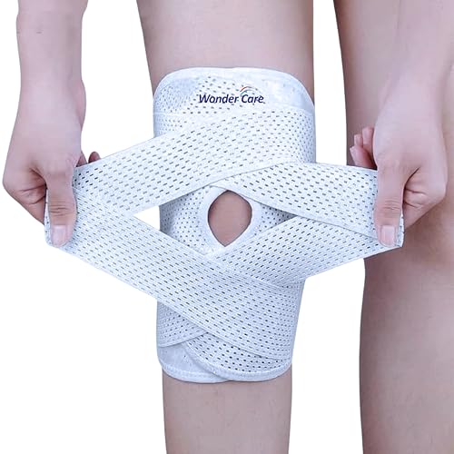 Image of Wonder Care Adjustable Wrap Knee Support Brace, Air Mesh Fabric Knee Brace Cap for Pain Relief, Sports, Arthritis, Running Protection [White] (1, XXL)