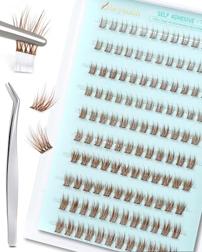 Obeyalash Pestañas Postizas Autoadhesivas Marrones con Aspecto Natural Pre-pegadas Pestañas Kit Pegamento para Extensión Presser Lashes con Pinzas (Brown-2)