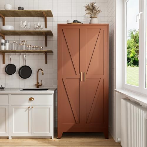 Image of COFaR 71 inch Metal Pantry Cabinet in Brown, 5-Tier Storage with Adjustable Shelves, Metal-Tone Cupboard for Kitchen, Office & Living Room Organization