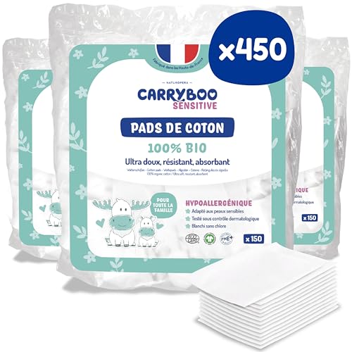 CARRYBOO - 450 Coton Pads Bébé 100% Bio - Ultra Doux pour Peaux Sensibles - Hypoallergénique - Change & Toilette - Fabriqués en France