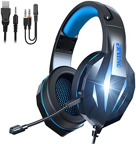 TYUOBOX Gaming Headset with Microphone for PS4, Xbox One, PC, Headphones with Mic,Noise Cancelling Microphone, LED Light, Bass Surround for Playstation Nintendo PS3 Games (Black Blue)