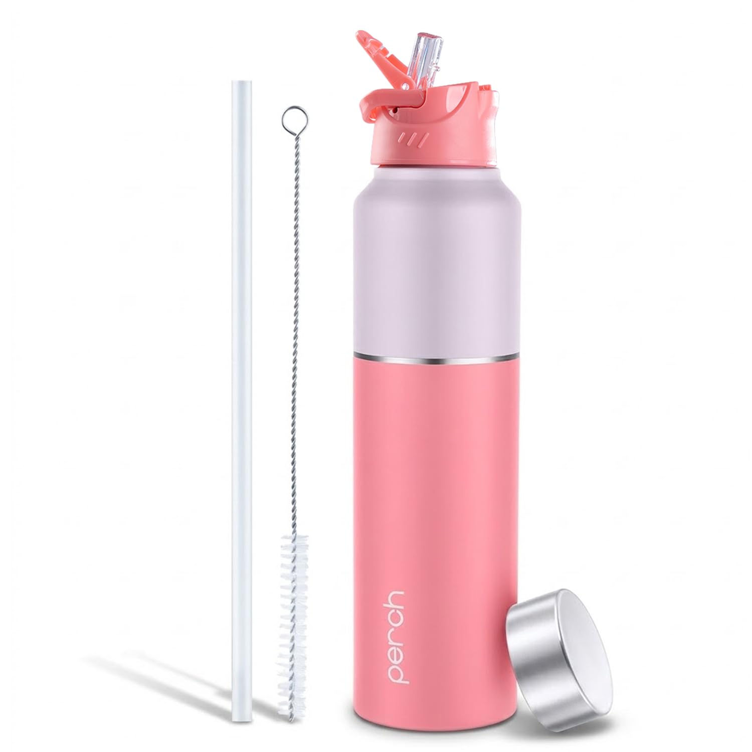 Perch Magic Stainless Steel Water Bottle 1 Ltr | ISI Certified | Single Wall Fridge Bottle | Dual Cap & Straw Cleaner | BPA Free | for Travel, Gym, School & Home | Pink | Crafted by Pexpo