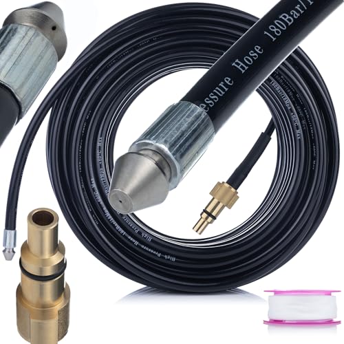 Manguera de limpieza de tuberías de 15 m compatible con Lavor/Parkside – Manguera de limpieza de alcantarillado para hidrolimpiadora | 160 bar | Quick Connect | Refuerzo de nailon | 1+3 boquillas