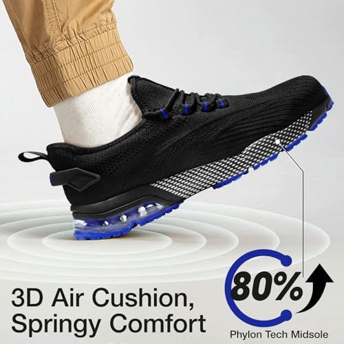 SPIEZ Composite Toe Shoes for Men Women, Lightweight Breathable Non Steel Toe Safety Shoes, Puncture Proof Slip Resistant Work Sneakers Black Blue/Black Yellow US5-124