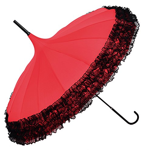 RaiFu サンシェード傘 日傘 パゴダ パラソル レーストリム フックハンドル付き 明るい赤 56CM.16K-レースサイドパゴダの傘