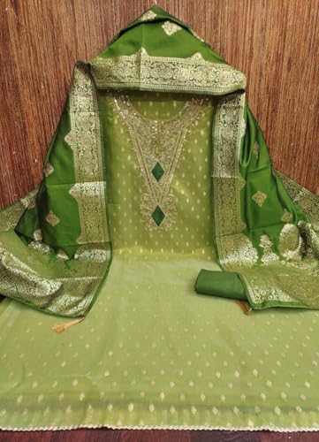 Image of Sidhidata Women's Shimmer Zari Butty With Multi Sequence Embroidered Unstitched Dress Material With Banarasi Silk Dupatta (DM Shimmer Free Size)