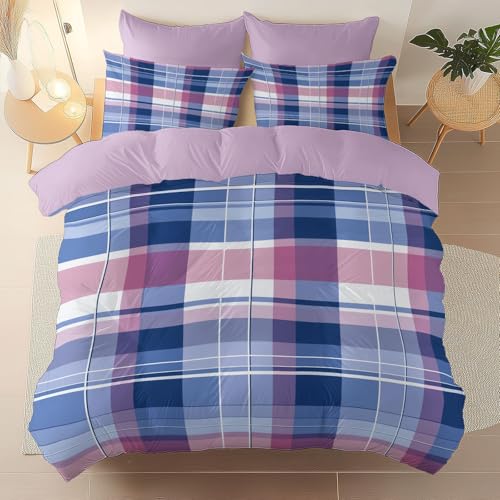 Fundas de edredón 220 x 240 cm Juego de 4 de Almohada con de Clásico de la Literatura Retro a Cuadros de Microfibra, Juego para Cama con Cierre de Rosa melocotón