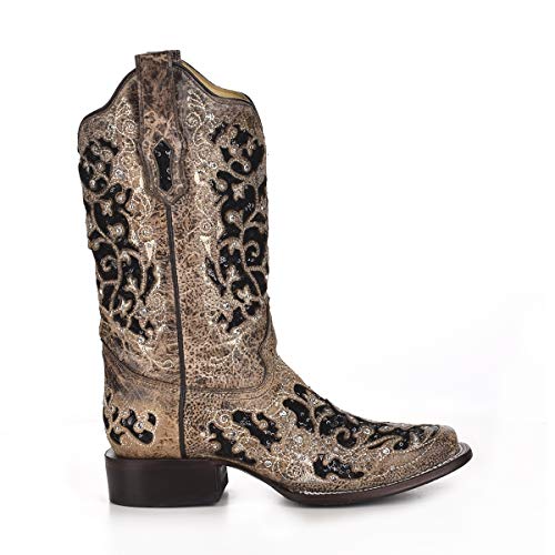 CORRAL A3648 Floral Embroidered Glitter Inlay and Studs Square Toe Boots2
