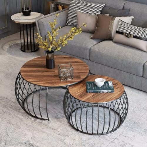 Image of Modern Coffee Tables Round Marble Laminated Tables Set of 2, Stacking Couch Center Table with Golden Metal Frame for Living Room, Bedroom or Apartments (Black Antique)