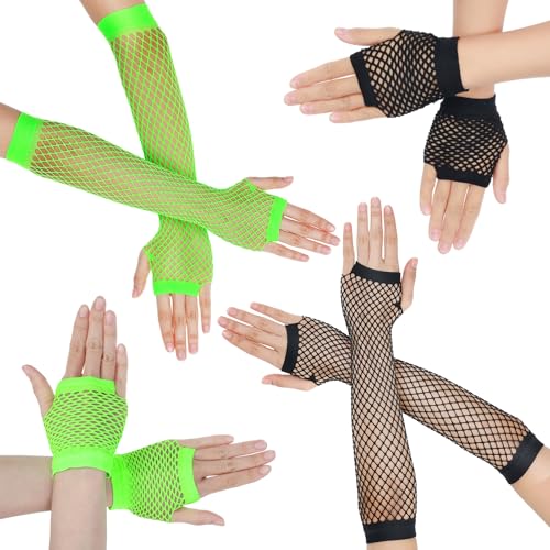 Oruola 4 Paar Netzhandschuhe Schwarz,Mesh Gloves,Netzhandschuhe,Spitzen Handschuhe,Mesh Fishnet Handschuhe für 80er Jahre Kostüm,Mottoparty,Halloween,Damen und Mädchen(Lange,Kurze)