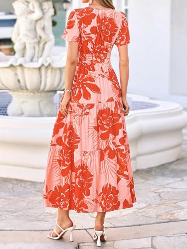 Image of BTFBM Womens Summer Floral Maxi Dresses V Neck Short Sleeve Boho Casual Flowy Long Wedding Guest Dress Beach Vacation