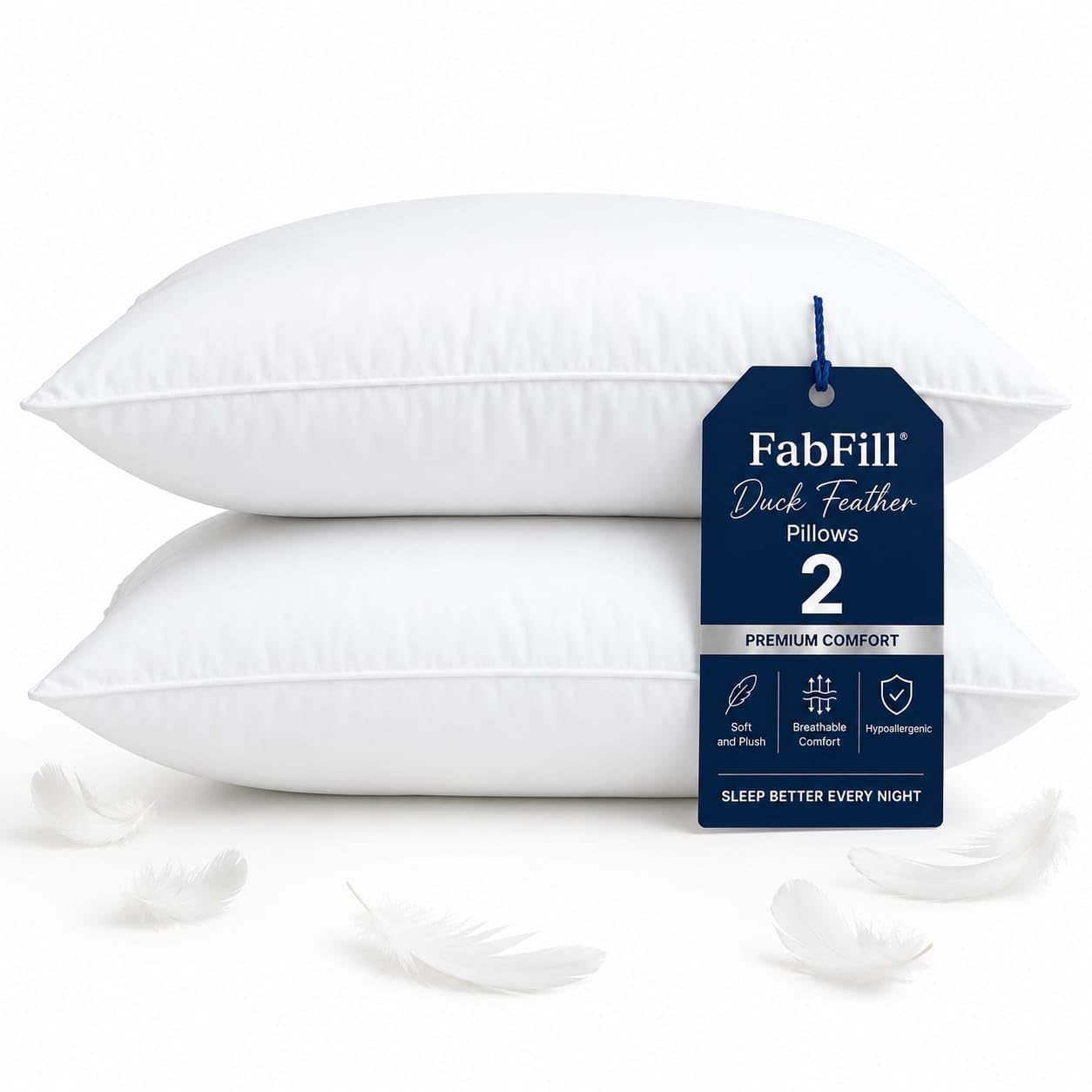FabFill 1200GSM Duck Feather Pillows 2 Pack – Hypoallergenic Feather & Down Pillows, Breathable Microfibre Cover, Firm Support for Head & Neck, Hotel Quality Bed Pillows for Side Sleepers, 48 x 74 cm