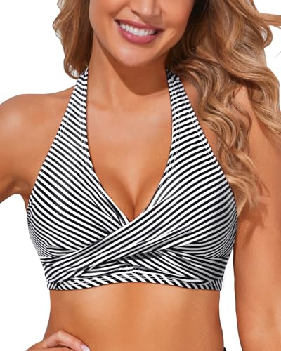 Holipick Parte superior de bikini halter para mujer, traje de baño push up, cuello en V, cobertura completa, solo parte superior, Rayas negras, M