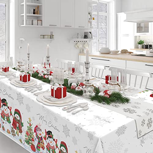 FunnyPars 3Pcs Christmas Snowman Tablecloth,Plastic Christmas Snowman Snowflake Winter Table Cover with Xmas Tree for Winter Holiday Themed Party Decorations and Supplies,54x 108inch(White) – Image 6