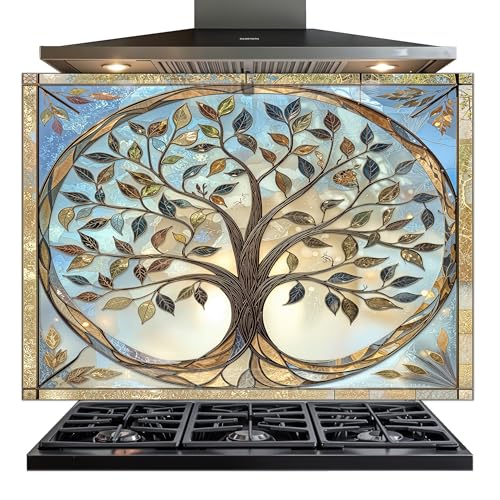 Comparison: Best Backsplash For Behind Stove 10 Tempered Glass Backsplash for Kitchen - Easy to Clean Behind Stove Backsplash Protector for Wall - Heat and Scratch Resistant Backsplash for Stove - Tree of Life Design