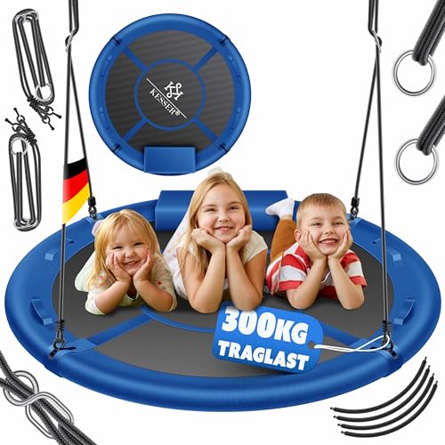 KESSER® Nestschaukel Tellerschaukel Hängeschaukel Rundschaukel Ø 120cm Schaukel bis 300kg belastbar mit Kissen & 4 Griffen verstellbar Kinderschaukel Indoor & Outdoor für Kinder & Erwachsene Blau