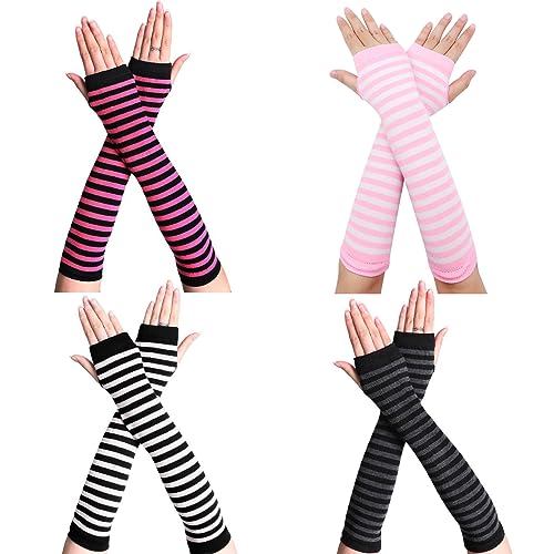 Scettar 4 Paare Damen Lange Fingerlose Handschuhe ，Gestreift Stricken...