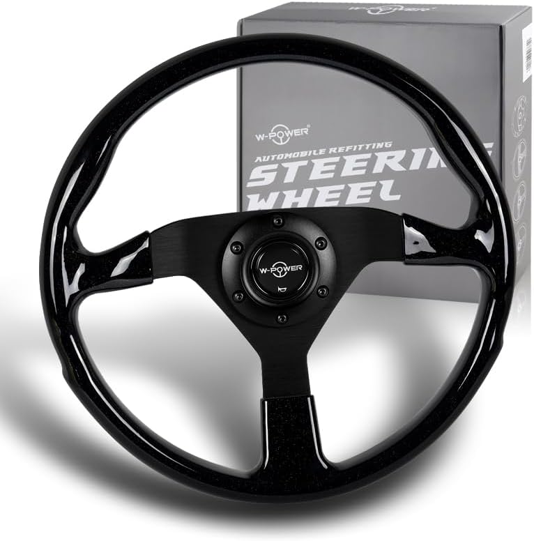 STAY-TUNED W-Power Universal 350MM (14 inch) Reinforced Galaxy Classic Wood, 6 Bolts, Matt Black 3-Spoke Steering Wheel with Car Horn Button (Classic White Wood)