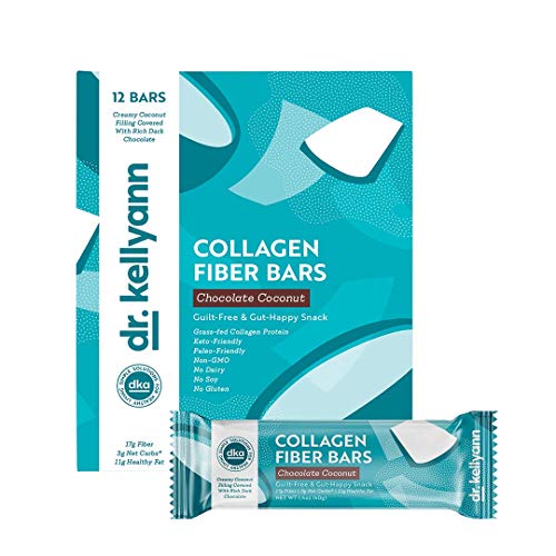Keto Collagen Fiber Bar - High Fiber, Low Carbs - Soy Free, Gluten Free, Non-GMO & No Added Sugar - Perfect Keto & Paleo Snack with Creamy Coconut Inside Dipped in Dark Chocolate (12 bars)