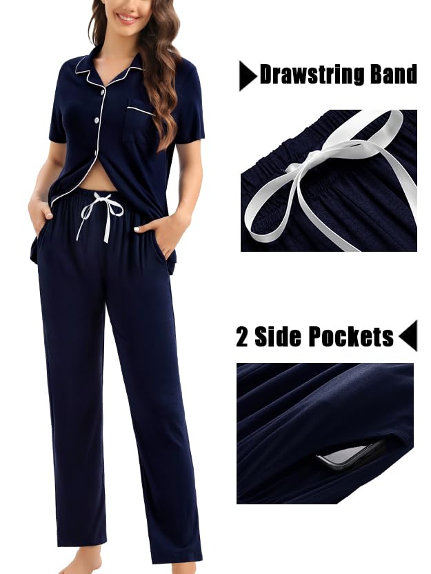 Image of SWOMOG Womens 3pcs Button Down Pajamas Set Short Sleeve Sleepwear Bride Pj Lounge Set with Long Pants