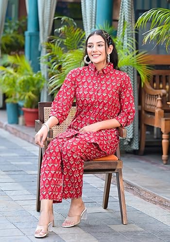 Image of Leriya Fashion Co Ord Set for Women Stylish | Ethnic Short Kurti for Women | Stylish Summer Printed Cotton Kurta Sets for Woman | A-Line Dress for Woman | 3 /4 Sleeve Top with Relaxed Fit Pant