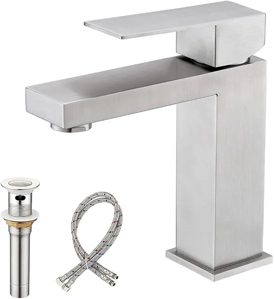 Bathroom Sink Faucet, Single Hole Bathroom Faucet, Brushed Nickel Single Handle Bathroom Sink Faucet with Pop Up Drain and Supply Lines, BF011L