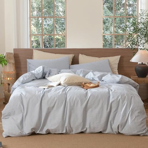 Image of MooMee Striped Duvet Cover Set 100% Washed Cotton Linen Like | Relaxed Linen-like Texture. Soft, Breathable & Long-lasting Comfort. Lightweight. Hidden Zipper with 8 Interior Corner Ties