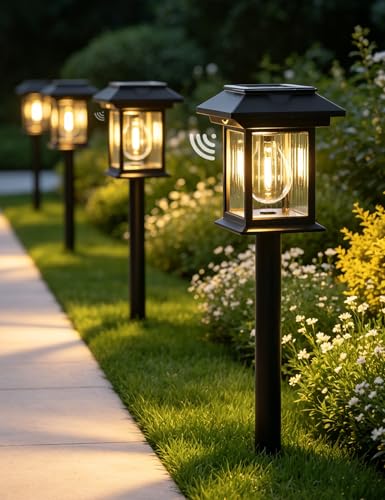 ACMHNC Lampe Solaire Extérieur Jardin 4 Pièces, Lumière Exterieur Solaire 3000K avec Recharge USB, Détecteur de Mouvement, 3 Modes, IP65 Étanche, Lampe de...