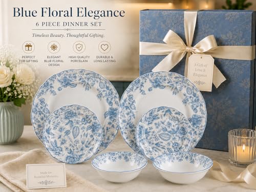 Image of Bodhi House Porcelain Dinner Set 6 Pieces - Blue Leaf White Dinnerware Set | 2 Dinner Plates, 2 Quarter Plates, 2 Katori Bowls | Premium Crockery Set for Dining, Kitchen & Gifting