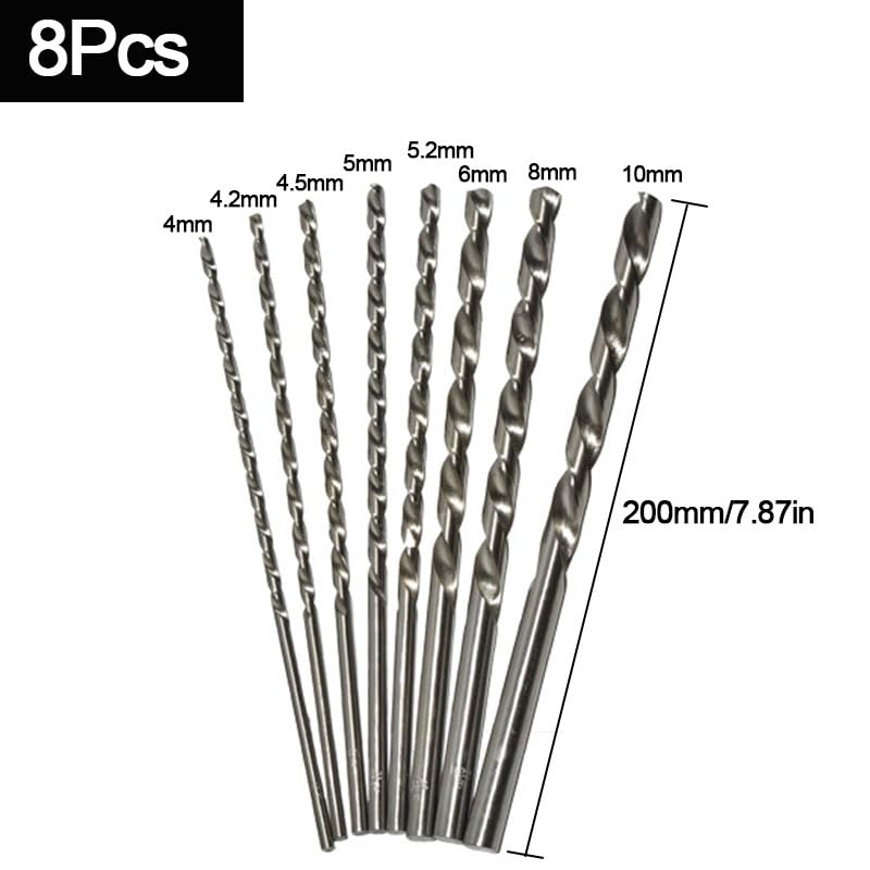 Juego de brocas helicoidales Extra largas de 5/8 Uds., herramienta de taladro de vástago recto de acero de alta velocidad for madera, aluminio, cobre, joyería de plástico, 150/200mm(8Pcs)