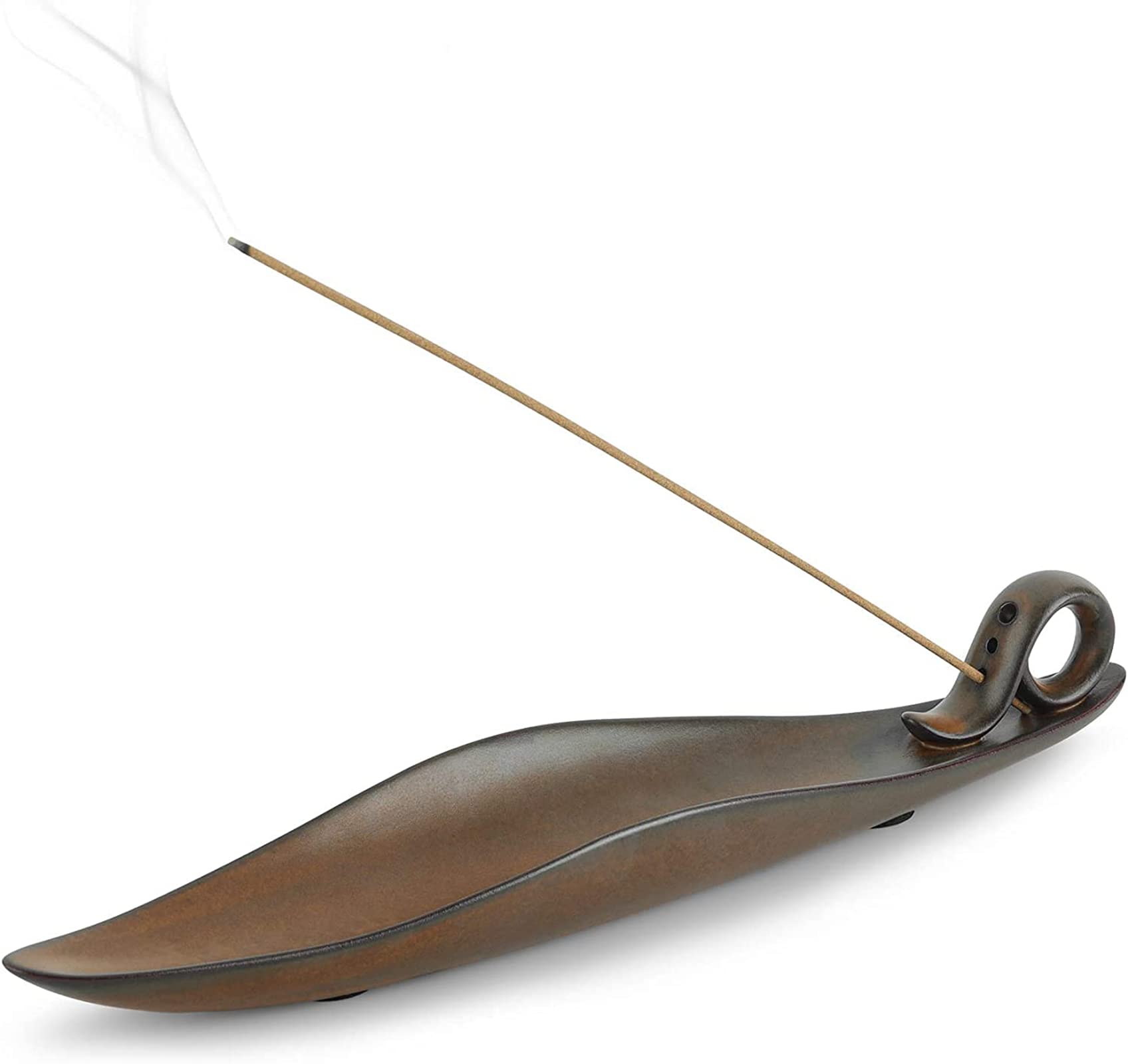 THE WHITE SHOP Ceramic Incense Stick Holder 9 Inch Long with 3 Holes, Handmade Stick Ash Catcher Leaf Shape Decorative Incense Burner Tray for Meditation, Yoga, Spa Relaxation, Brown