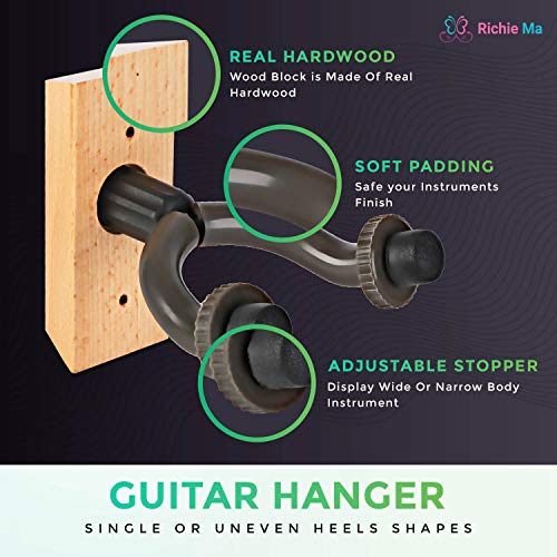 Guitar Wall Mount Hook Hanger - Music Stand Holder For Ukulele, Acoustic, Bass, Electric Guitars, Banjo, Mandolin And Violin. 2 Pack Wood Hangers With Mounting Screws Hooks And Accessories (Brown)