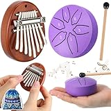 Maasechs 2 Pcs Mini Musical Instruments Mini Hand Kalimba and Rain Drum with Drumstick 8 Keys Finger Thumb Piano and 6 Notes Steel Tongue Drum Percussion Gift for Valentines Adult Beginners(Purple)