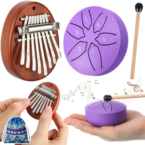 Maasechs 2 Pcs Mini Musical Instruments Mini Hand Kalimba and Rain Drum with Drumstick 8 Keys Finger Thumb Piano and 6 Notes Steel Tongue Drum Percussion Gift for Valentines Adult Beginners(Purple)