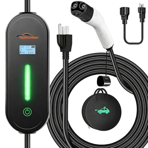 TopAutoGear Level 1 & 2 Portable EV Charger for Tesla 8-16A 110/240V with NEMA 6-20 Plug & 5-15 Adaptor Adjustable Current 17Ft Charging Cable NACS Connector for Tesla Model Y/3/X/S/Cybertruck