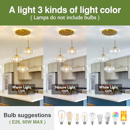 Image of 3-Light Gold Chandelier Modern Kitchen Island Pendant Light with Clear Glass Globe Shades Adjustable Height Flush Mount Ceiling Light Fixture for Dining Room Bedroom Living Room.