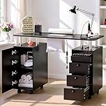 LED Manicure Table with Built-in Dust Collector&4 Dust Bag,Nail Desk with 3 Drawer&2 Cabinet,Rolling Nail Table with Lockable Wheel,Wrist Rest for Beauty Nail Salon,Nail Workstation Art Desk (Black)