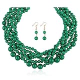 RIAH FASHION Braided Chunky Cluster Bead Bubble Statement Necklace - Multi Strand Twisted Colorful Bib Collar With Acrylic, Sparkly Crystal (Bauble - Emerald)