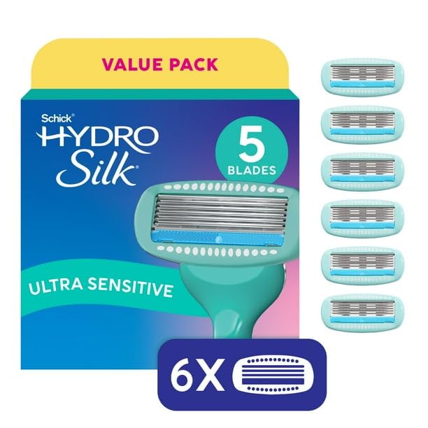 Sensitive Womens Razor Refills, 6 Ct, 5-Blade Razors For Women Sensitive Skin, Water-Activated Hydra-Boost Serum,Waterproof Packaging