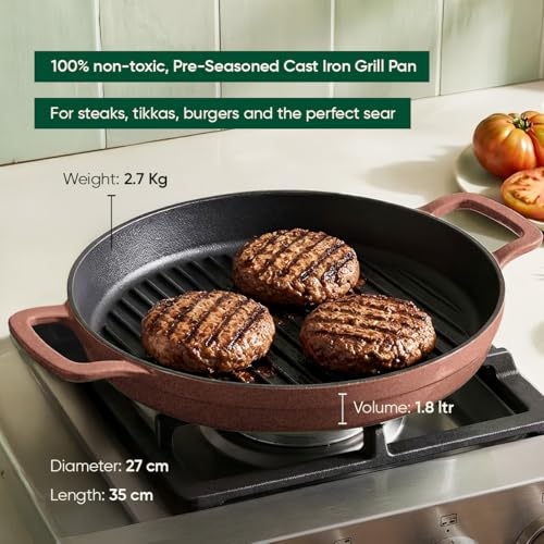 Image of Ember Cookware Pre-Seasoned Cast Iron Grill Pan 26 cm | 10-Year Warranty | Heavy Duty Induction Cookware | Cast Iron Cookware | Non-Toxic Tandoor Grill Pan for Kebab, Vegetables & Sandwich |Terracotta
