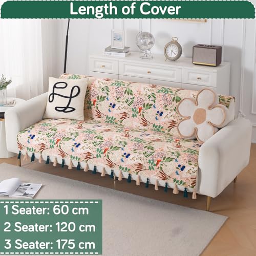 Image of HOKIPO Sofa Cover with Tassel for 3 Seater Sofa | Full Protection for Seat and Back | Printed Holland Velvet Fabric | 'Whispers of Nature' (160x175 cm), Beige Woodland Bloom (IN-1127-D4)