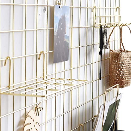 Friade Wall Grid Panel For Photo Display,Wall Storage Organizer,5 Metal Clips & 3 S Hooks & 4 Nails & 4 Plastic Hanging Buckles And 4 Screws Offered,Size 17.5" X 11.8",2 Pack(Gold) #TOP4