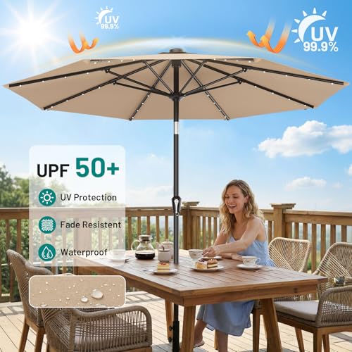 Image of AreShark 9FT Patio Umbrella with Solar Lights, 32 Lighted Pool Umbrella w /Tilt and Crank, Outdoor Market Solar Umbrellas for Garden, Deck, Backyard, Pool and Beach, Beige