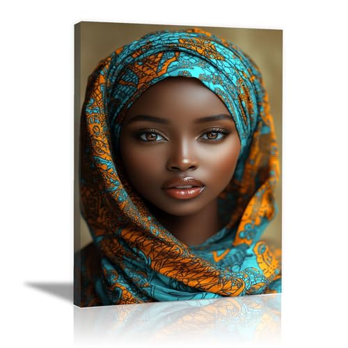 Tableau africain femme bleu 30x45 encadré pour décoration salon