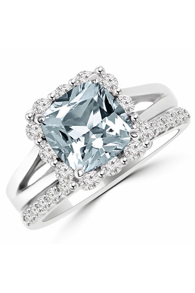 1.20 CT Princess Cut Created Blue Aquamarine and White Diamond Split Shank Wedding Bridal Ring Set with Band In 14K White Gold Plated 925 Sterling Silver Gift for Womens