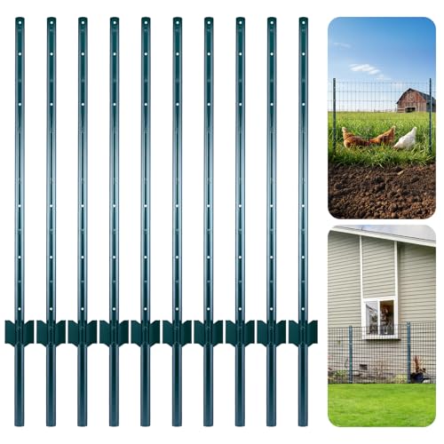 Minifactory Metal Fence Posts 4FT & 5FT Pack of 10 - No Dig Steel Garden U Posts with Green Rust-Resistant Coating for Wire Fencing Chicken Wire & Yard Borders (4ft)