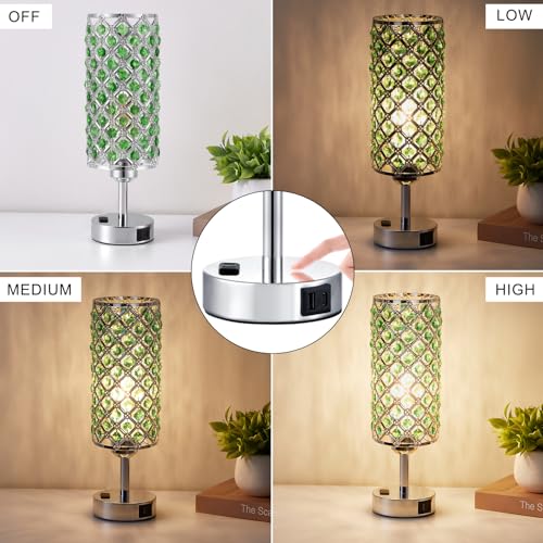 Image of Hong-in Green Crystal Lamp Touch Control Set of 2, Crystal Table Lamps with USB C+A Ports & AC Outlet, 3-Way Dimmable Nightstand Touch Lamp, Modern Bedside Table Lamp for Bedroom(Bulbs Included)