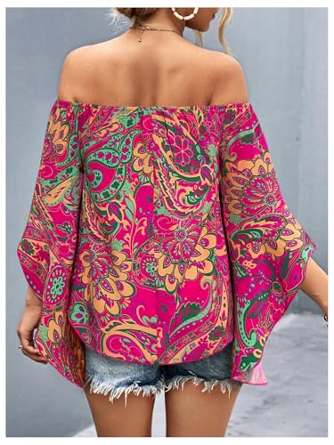 Women's Y2K Floral Off Shoulder Blouse Boho Shirt Ruffle Half Bell Sleeve Blouses Shirred Vacation Beach Shirt2