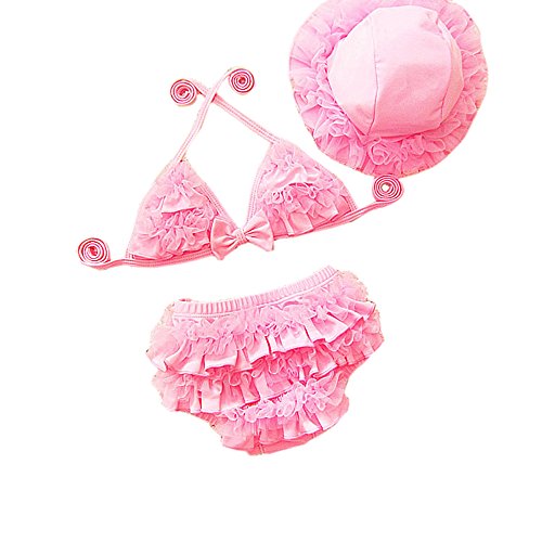 Ding Dong Baby Tollder Kid Girl Summer 3 Pieces Bikini Set with Hat Ruffle Swimwear(Pink, S)