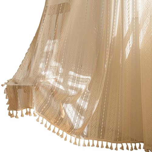 Rideaux bohèmes en dentelle pour chambre | Lot de 2 avec pompons